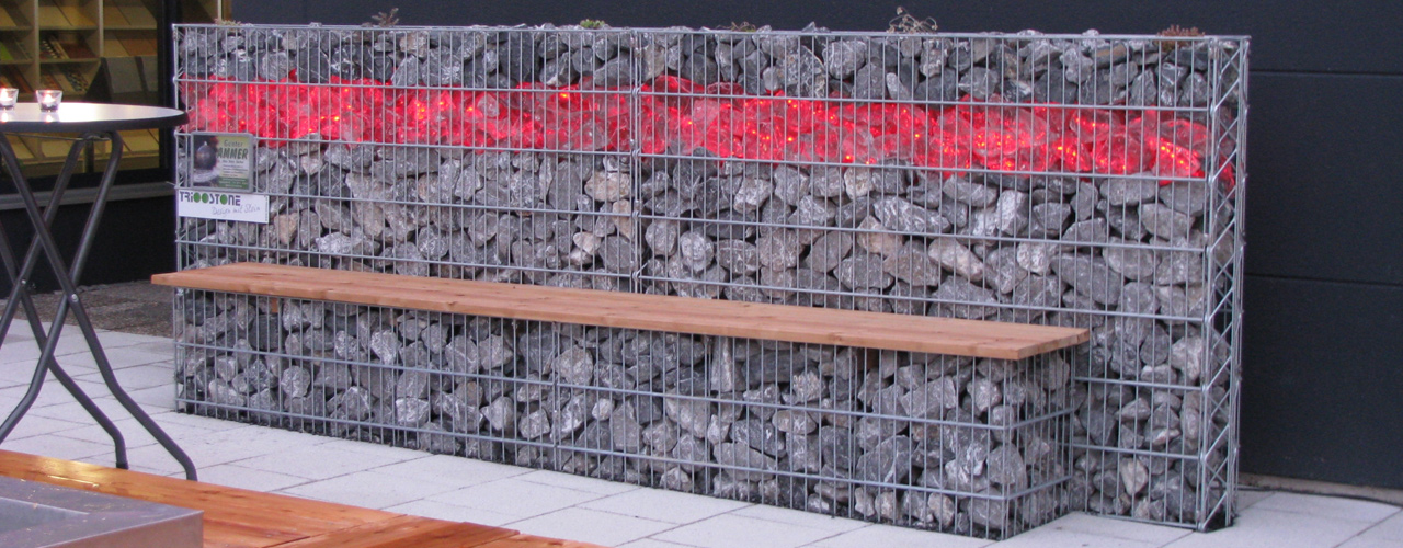 gabion wall with glass inserts, gabion bench, retaining wall, decorative wall, wall with rocks
